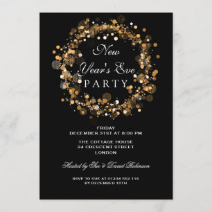New Years Eve Party Festive Wreath Gold Invitation