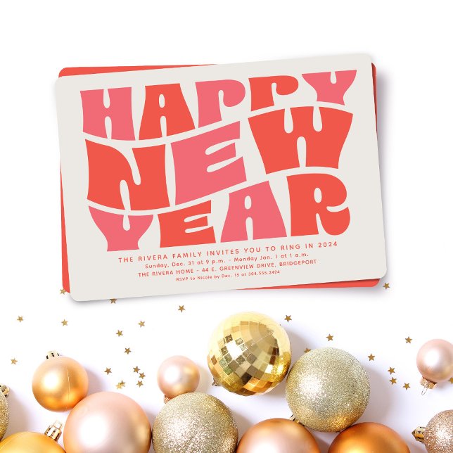 New Year's Eve party fun trendy retro pink red Invitation (Creator Uploaded)