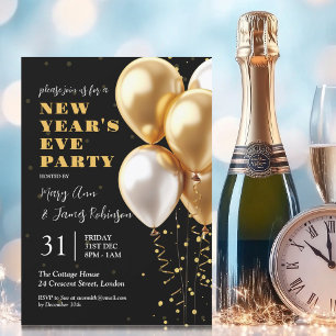New Years Eve Party Gold Confetti Balloons Black Invitation