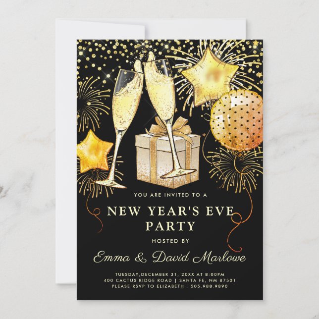 New Year's Eve Party Gold Glitter On Black  Invitation (Front)
