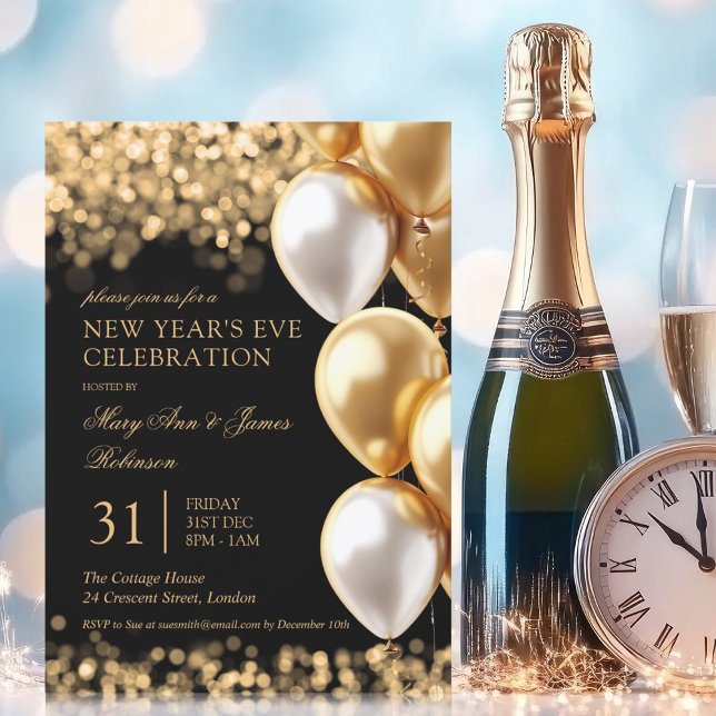 New Years Eve Party Gold Shimmer Lights Balloons Invitation (New Years Eve Party Gold Shimmer Lights Balloons Invitation)