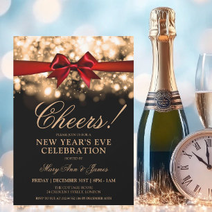 New Years Eve Party Gold Sparkle Lights Red Bow Invitation