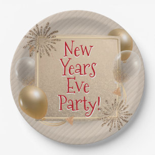 New Years Eve Party - Gold, White Balloons - Red - Paper Plate