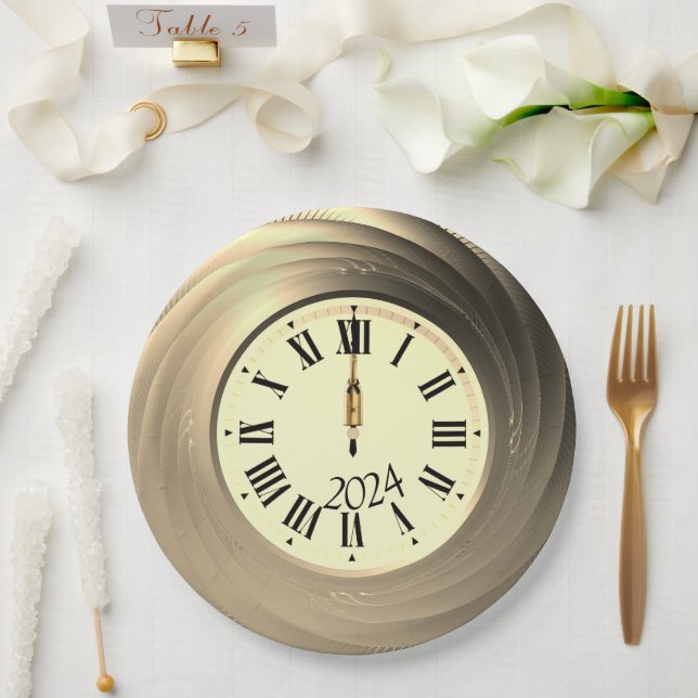 New Year's Eve Party Golden Clock Strikes Midnight Paper Plate (Wedding)