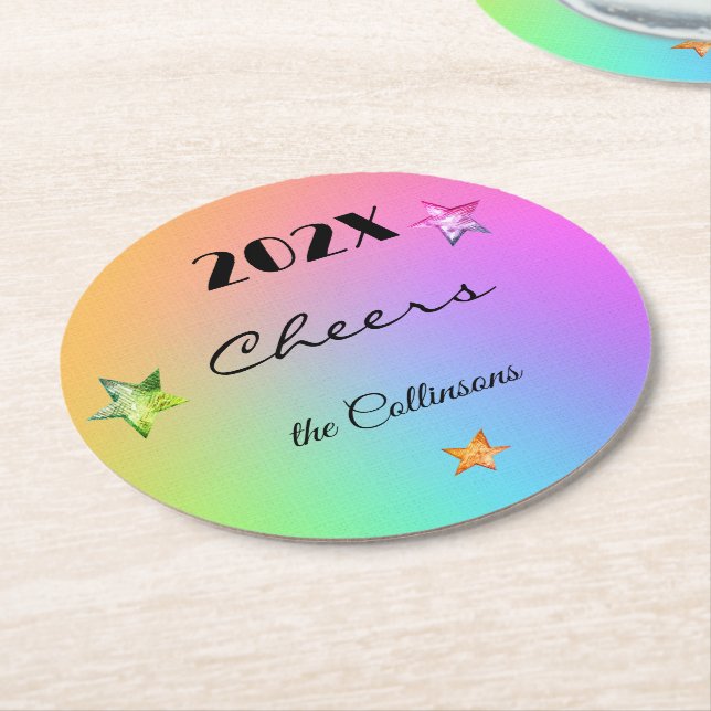 New Year's Eve Party Gradient Rainbow Round Paper Coaster (Angled)