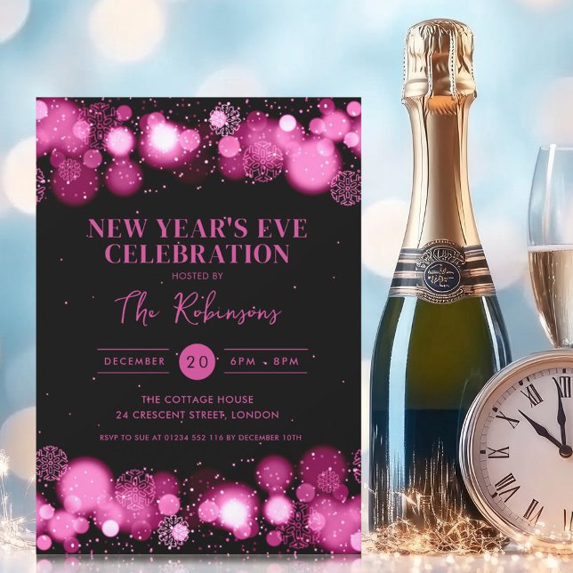 New Years Eve Party Hot Pink Black Winter Wonder Invitation (New Years Eve Party Hot Pink Black Winter Wonder Invitation)