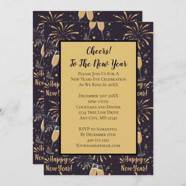 New Years Eve Party Invitation Champagne Fireworks (Front/Back)