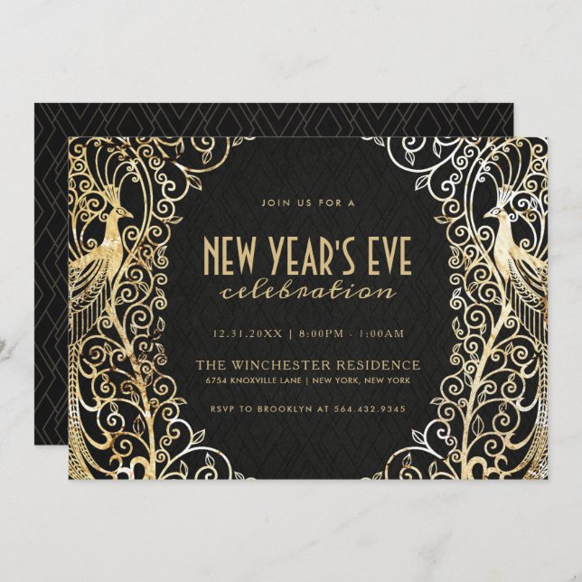 NEW YEAR'S EVE PARTY INVITATION | Golden Peacock (Front/Back)