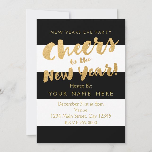 New Years Eve Party Invitations Black White & Gold (Front)