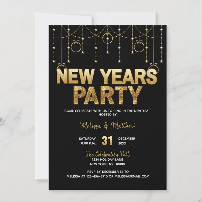 NEW YEAR'S EVE Party Invitations Gold Glitter (Front)