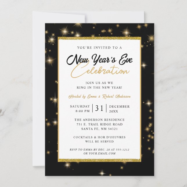 New Year's Eve Party Modern Black and Gold Sparkle Invitation (Front)