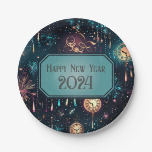 New Year's Eve Party Plates = Colorf Clock Design 