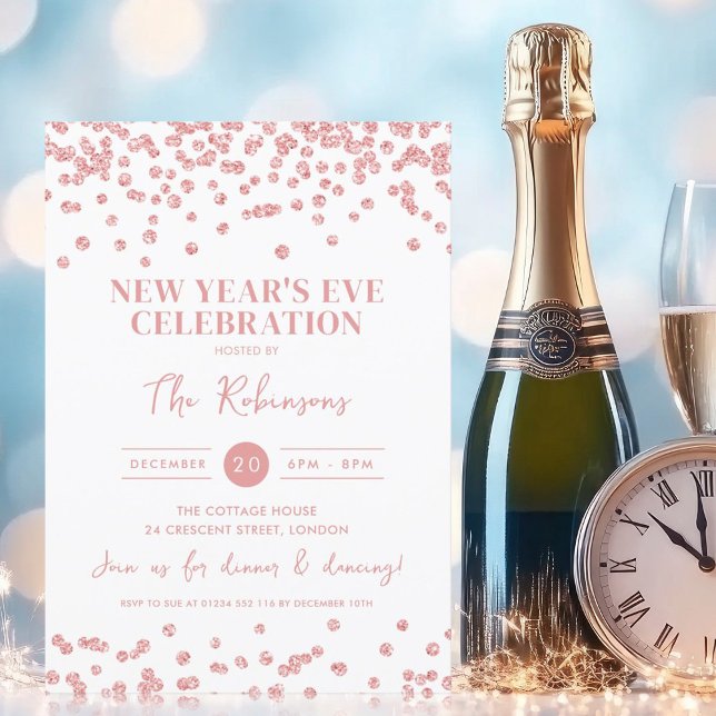 New Years Eve Party Rose Gold Glitter Confetti  Invitation (New Years Eve Party Rose Gold Glitter Confetti Invitation)