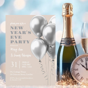 New Years Eve Party Silver Balloons Champagne  Invitation