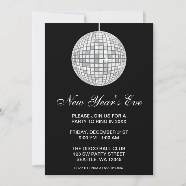 New Years Eve Party Silver Disco Ball Invitation (Front)