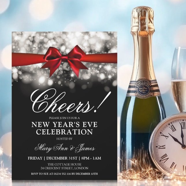 New Years Eve Party Silver Sparkle Lights Red Bow Invitation (New Years Eve Party Silver Sparkle Lights Red Bow Invitation)