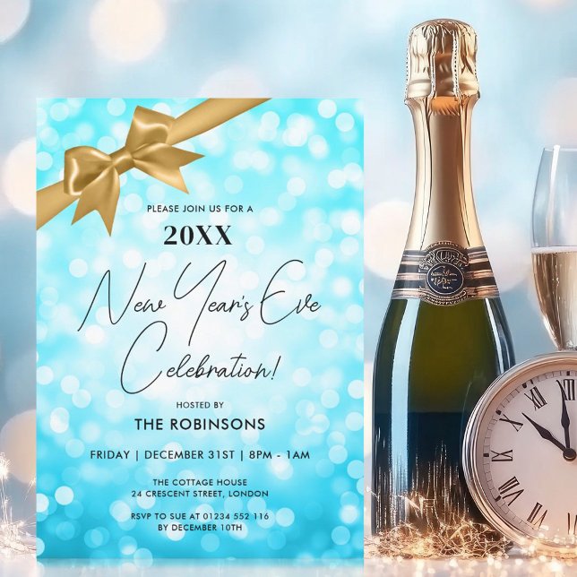 New Years Eve Party Turquoise Bokeh Gold Bow Invitation (New Years Eve Party Turquoise Bokeh Gold Bow Invitation)