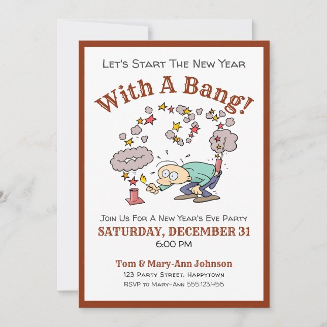 New Year's Eve Party With A Bang And Cartoon Invitation (Front)