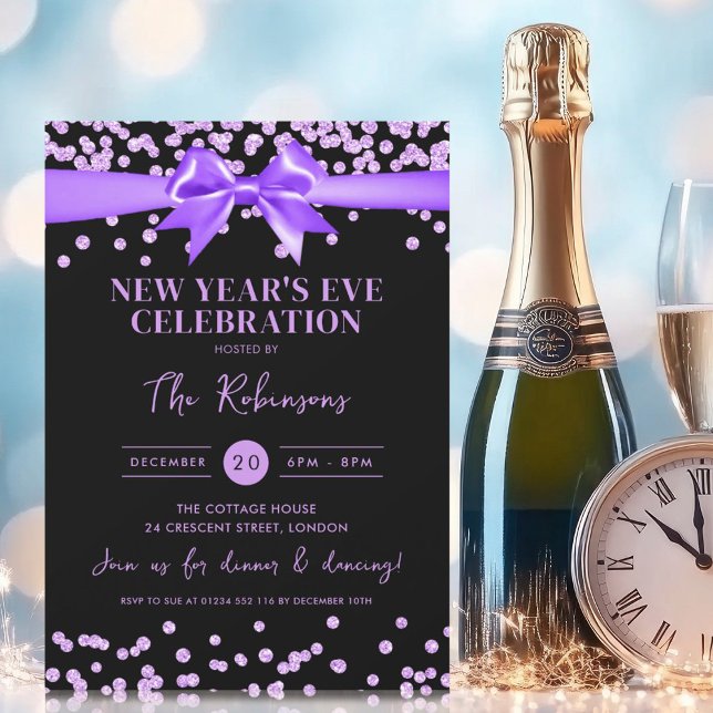 New Years Eve Purple Glitter Confetti Bow Black Invitation (New Years Eve Purple Glitter Confetti Bow Black Invitation)