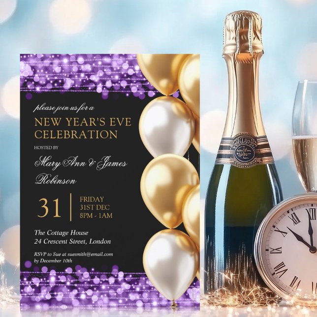 New Years Eve Purple Shimmering Lights Balloons Invitation (New Years Eve Purple Shimmering Lights Balloons Invitation)
