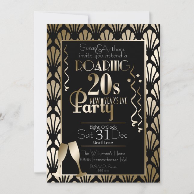 New Year's Eve Roaring 20s Art Deco Gold Invitation (Front)