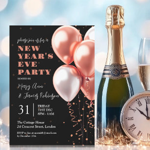 New Years Eve Rose Gold Confetti Balloons Black Invitation