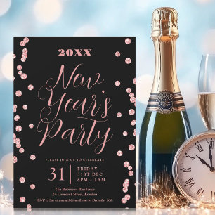 New Years Eve Rose Gold Glitter Confetti Black Invitation