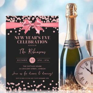 New Years Eve Rose Gold Glitter Confetti Bow Black Invitation