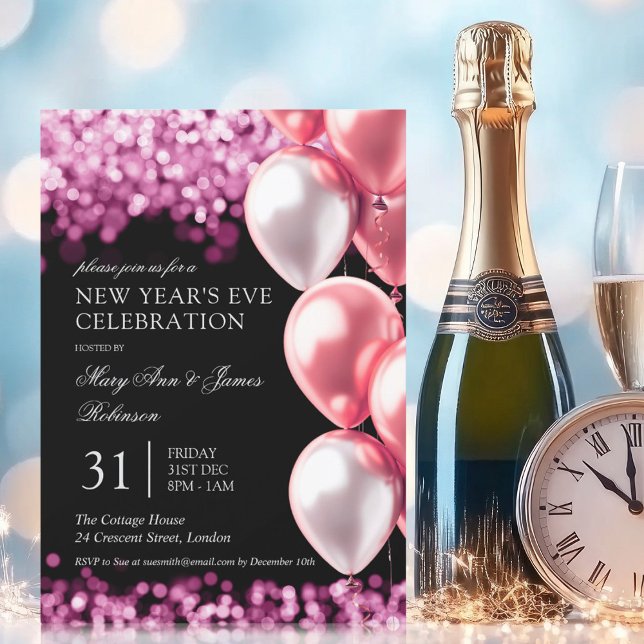 New Years Eve Rose Gold Shimmer Lights Balloons Invitation (New Years Eve Rose Gold Shimmer Lights Balloons Invitation)