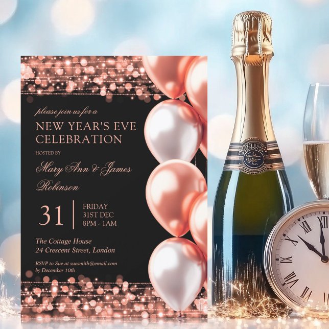 New Years Eve Rose Gold Shimmering Lights Balloons Invitation (New Years Eve Rose Gold Shimmering Lights Balloons Invitation)