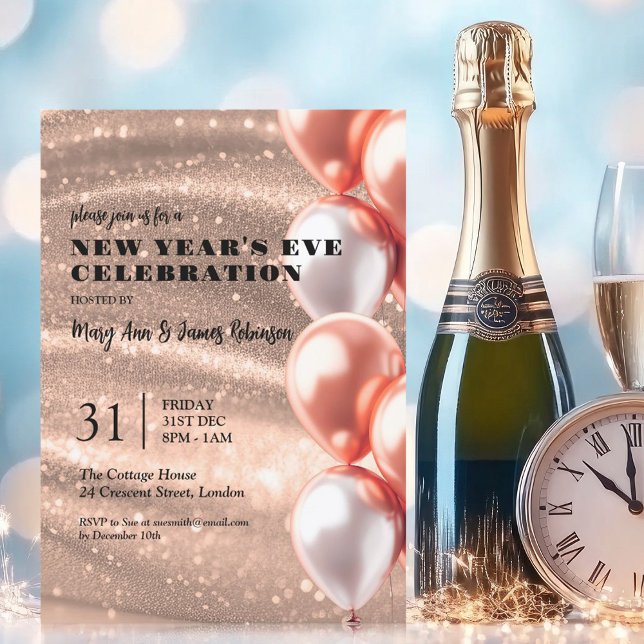 New Years Eve Rose Gold Shimmering Sequin Balloons Invitation (New Years Eve Rose Gold Shimmering Sequin Balloons Invitation)