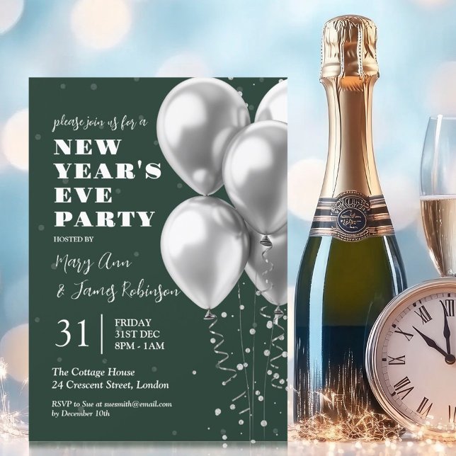 New Years Eve Silver Confetti Balloons Emerald  Invitation (New Years Eve Silver Confetti Balloons Emerald Invitation)