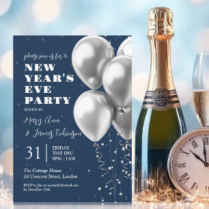 New Years Eve Silver Confetti Balloons Navy Blue Invitation