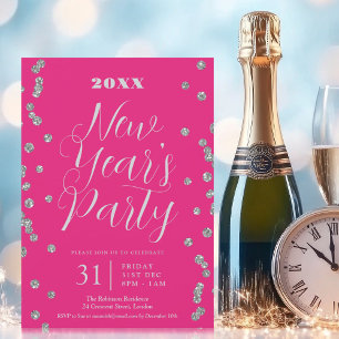 New Years Eve Silver Glitter Confetti Hot Pink  Invitation