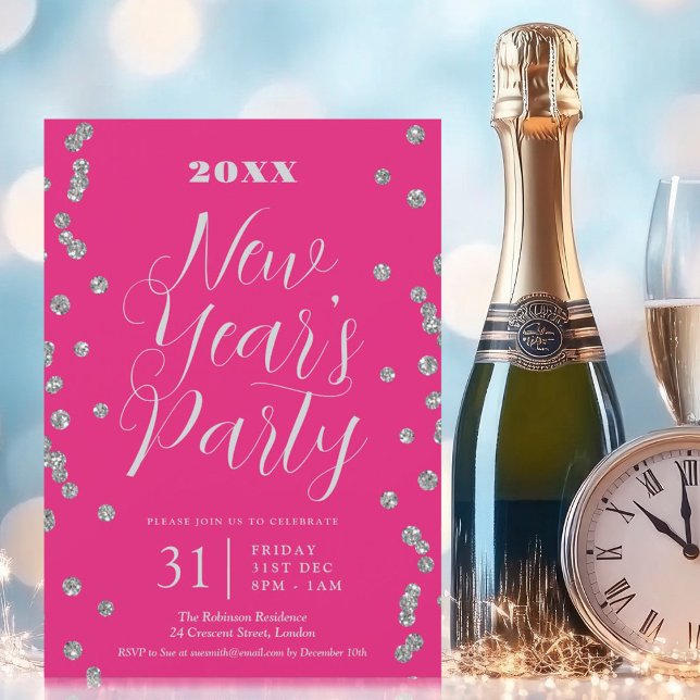 New Years Eve Silver Glitter Confetti Hot Pink  Invitation (New Years Eve Silver Glitter Confetti Hot Pink Invitation)