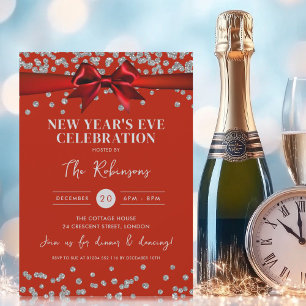 New Years Eve Silver Glitter Confetti Red Bow Invitation