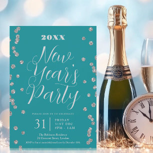 New Years Eve Silver Glitter Confetti Turquoise Invitation
