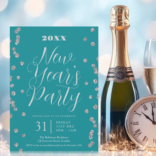 New Years Eve Silver Glitter Confetti Turquoise  Invitation (New Years Eve Silver Glitter Confetti Turquoise Invitation)