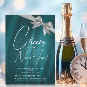 New Years Eve Silver Teal Sparkle Sequin Bow Invitation