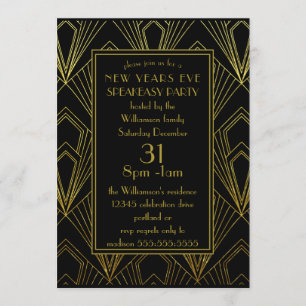 New Years Eve Speakeasy Party Black  Gold Art Deco Invitation