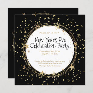 New Year's Eve, Stars, Black Gold, Party Invitation