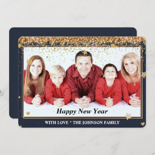 New Years Gold Glitter Frame Family Photo Holiday Card