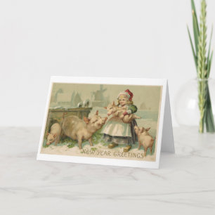 New Year's Greeting card girl with Pigs