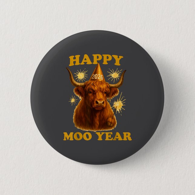 New Years Highland Cow Scottish Nye Party Farm Ani 6 Cm Round Badge (Front)