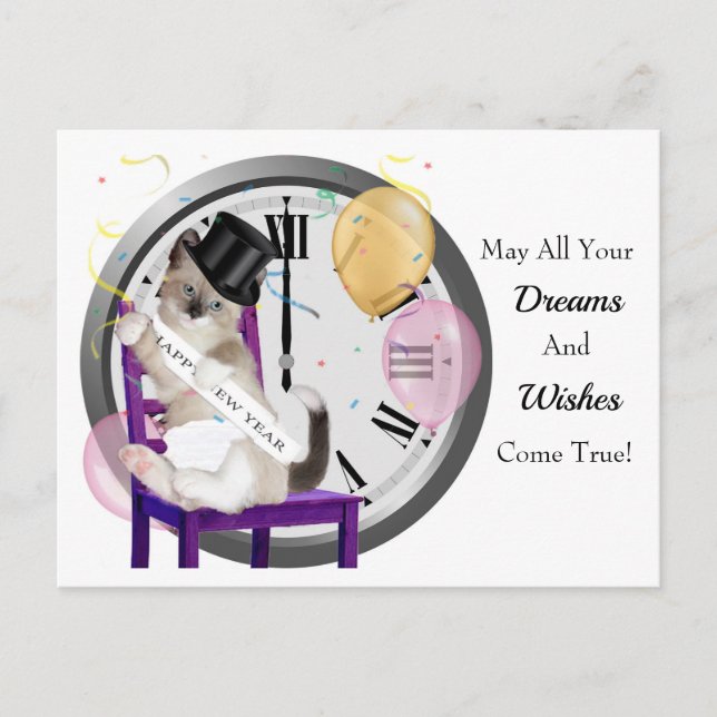 New Year's Kitten Clock Postcard (Front)