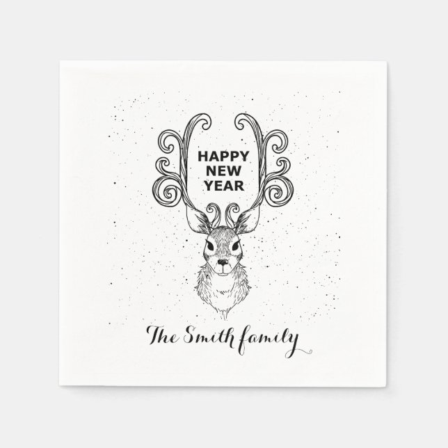 New Year's magic black and white reindeer Napkin (Front)