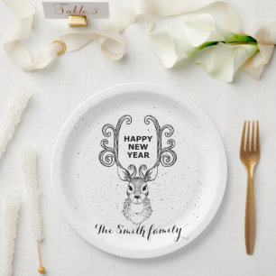 New Year's magic black and white reindeer Paper Plate