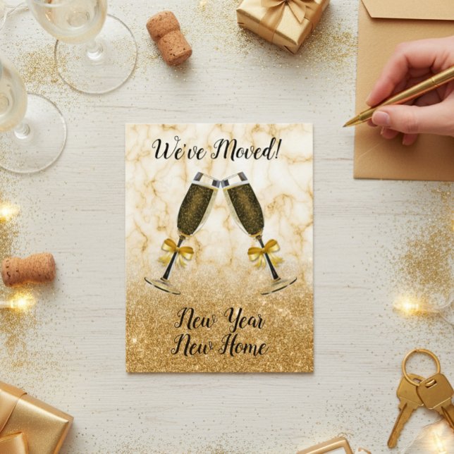 New Years Moving Announcement Moved Gold Champagne Postcard (Creator Uploaded)