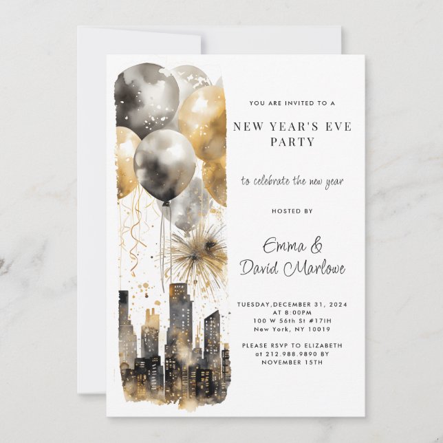New Year's Party 2025 Gold Glitter Balloons City  Invitation (Front)