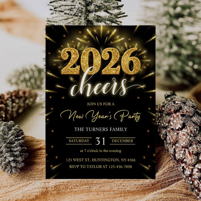New Year's Party 2026 Gold Black Modern Invitation (Creator Uploaded)